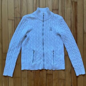 Lauren Ralph Lauren White Cable Knit Full Zip Mock Neck Sweater Women Large